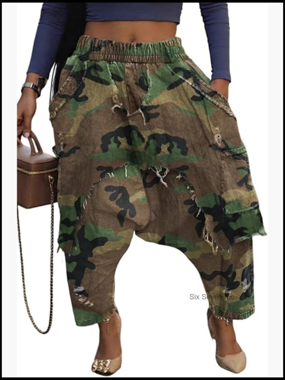 Harem Denim Pants Elastic High Waist Raw Trim Patchwork Wide Leg Jeans with